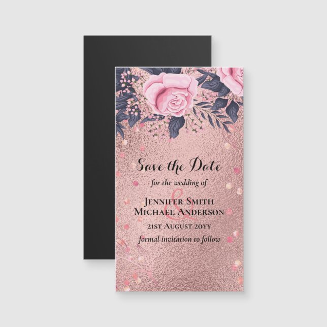 LeahG Silver Navy Rosegold PInk Floral Wedding Magnetkarte (Vorne/Hinten)