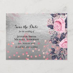 LeahG Silver Navy Rosegold PInk Floral Wedding Postkarte