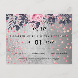 LeahG Silver Navy Rosegold PInk Floral Wedding Postkarte