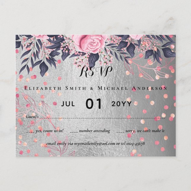 LeahG Silver Navy Rosegold PInk Floral Wedding Postkarte (Vorderseite)