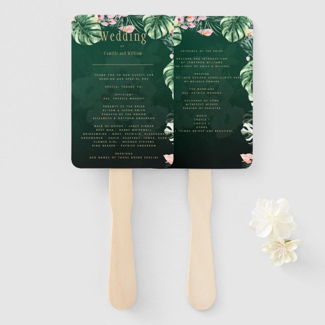 LeahG Tropical Green Pink Botanical Wedding Fächer (Vorne und Hinten)