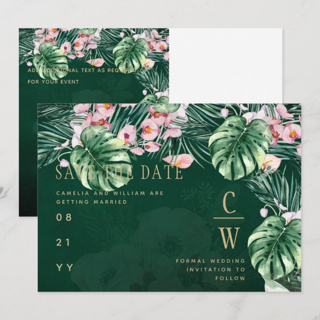LeahG Tropical Green Pink Botanical Wedding Save The Date (Vorne/Hinten)