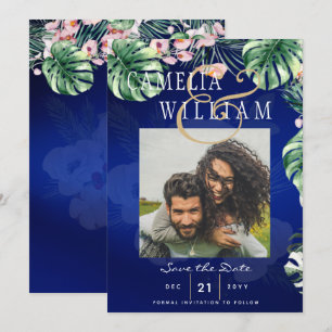 LeahG Tropisches Blau Grün Pink Blumenhochzeit Einladung