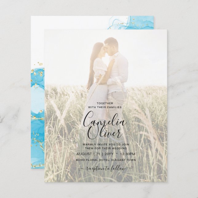 LeahG Turquoise Gold Aqua Blue Wedding INVITE (Vorne/Hinten)