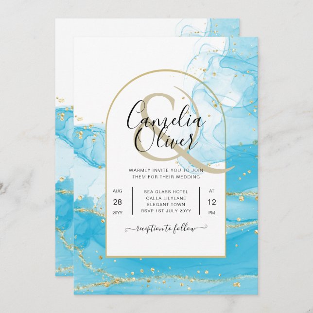 LeahG Turquoise Gold Aqua Blue Wedding INVITE Einladung (Vorne/Hinten)