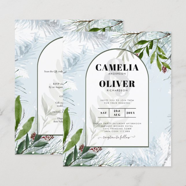 LeahG Winter Wedding Aqua Blue Green INVITE (Vorne/Hinten)