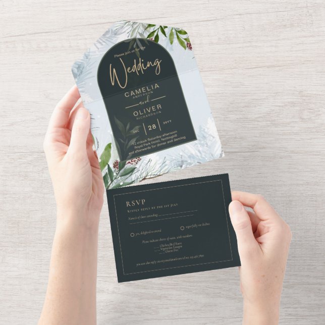 LeahG Winter Wedding Aqua Blue Green INVITE All In One Einladung (Abreißen)
