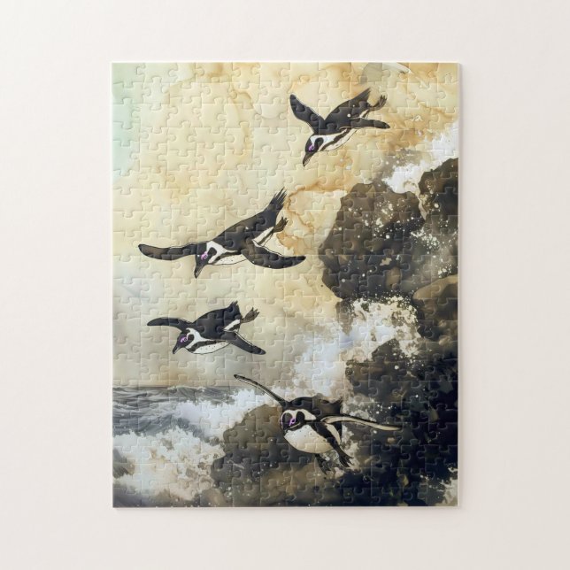 Leap into the Sea - African Penguins, Japanese Art Puzzle (Vertikal)