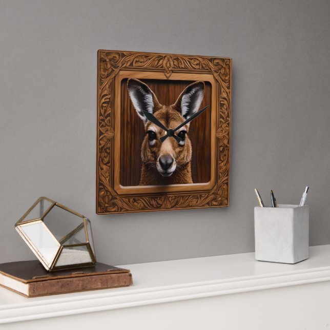 Leap of Nature: Ein Kangaroo-Holzdruck, Quadratische Wanduhr (Büro)