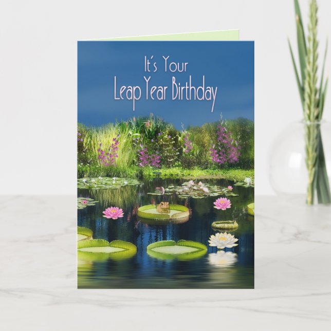 Leap Year Birthday, Teich, Lutus Blume/Frosch Karte (Vorderseite)