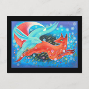 Leapende Tiere, ein Fuchs und ein Hase. Postkarte