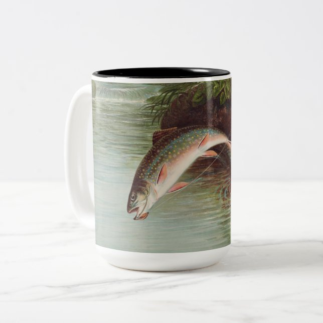 Leaping Brook Trout von Samuel Kilbourne (1874) Mu Zweifarbige Tasse (Vorderseite Links)