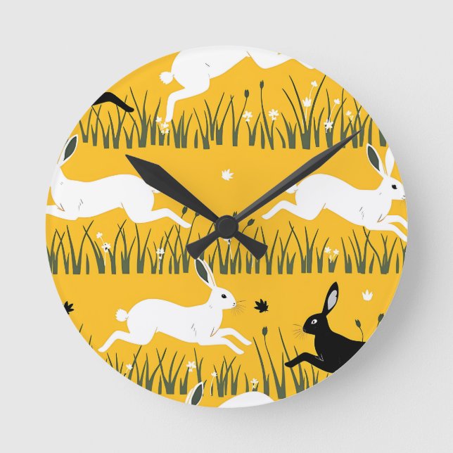 Leaping Bunny Mustard Meadow Pattern Runde Wanduhr (Vorderseite)