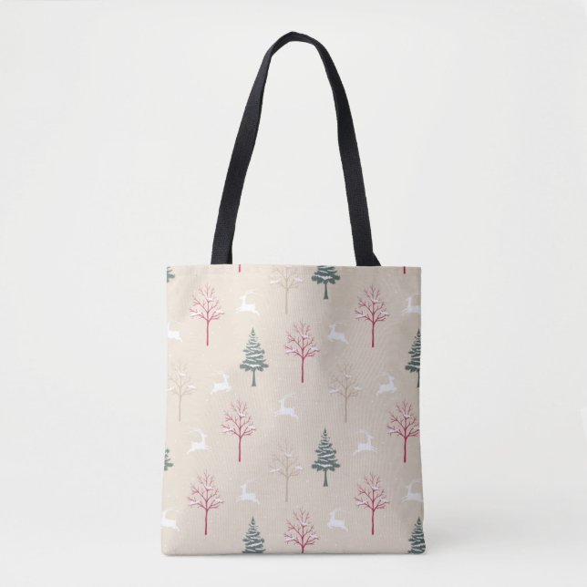 Leaping Deer & Snowy Trees Christmas Tote Bag (Vorderseite)