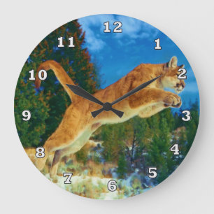 Leaping Mountain Lion Clock (Cougar) Große Wanduhr