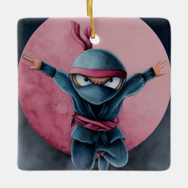 Leaping Ninja Red Moon Keramikornament (Vorderseite)