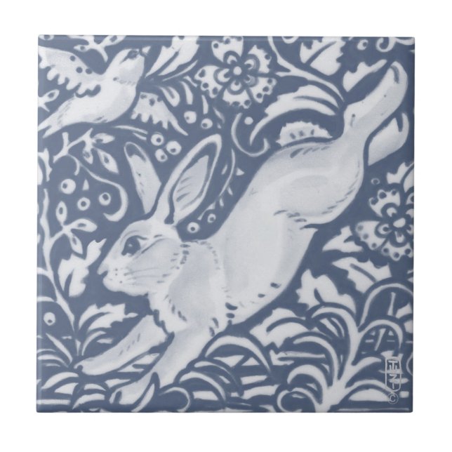 Leaping Rabbit Blue White Botanical Dedham Delft C Fliese (Vorderseite)