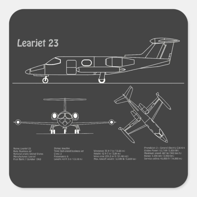 Learjet 23 - Flugzeugkonzept Zeichnend Pläne PD Quadratischer Aufkleber (Vorderseite)