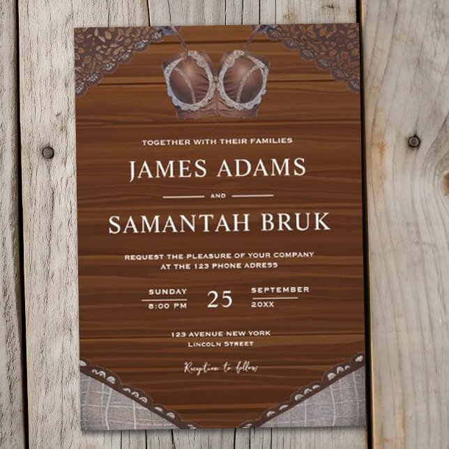 Leather Bra Rustic Wood String Lights Wedding Einladung (Von Creator hochgeladen)