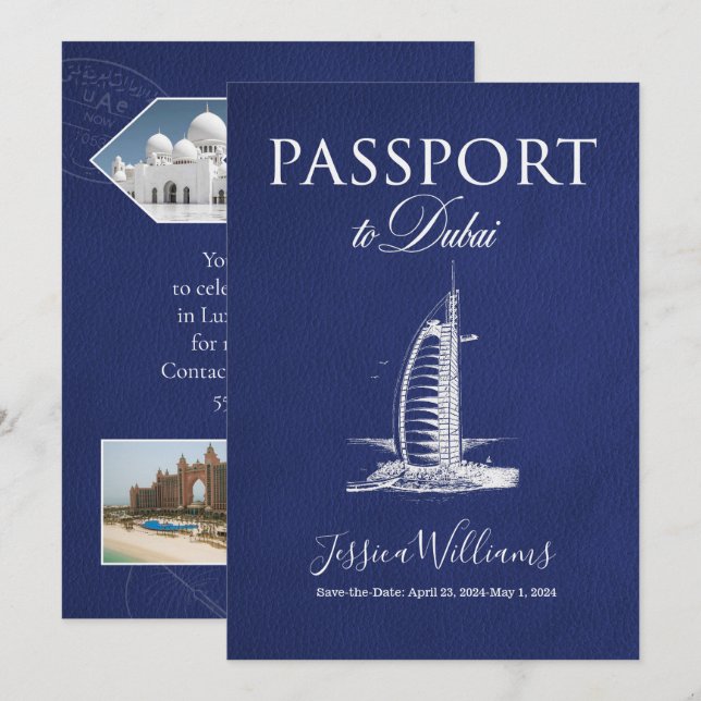 Leather Dubai Passport Save the Date Einladung (Vorne/Hinten)