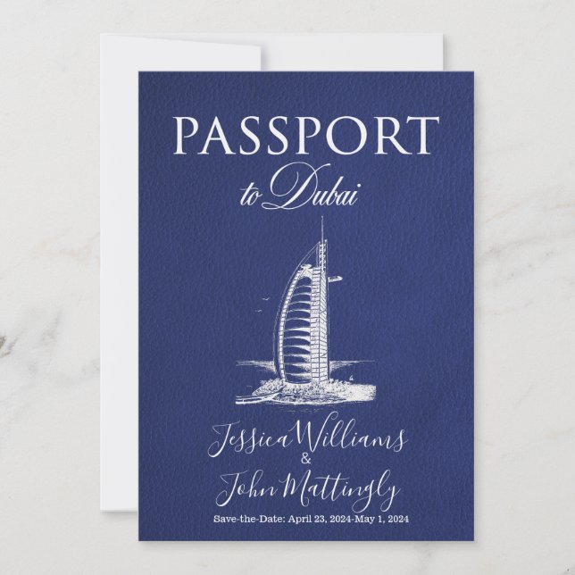 Leather Dubai Passport Wedding Save the Date Einladung (Vorderseite)