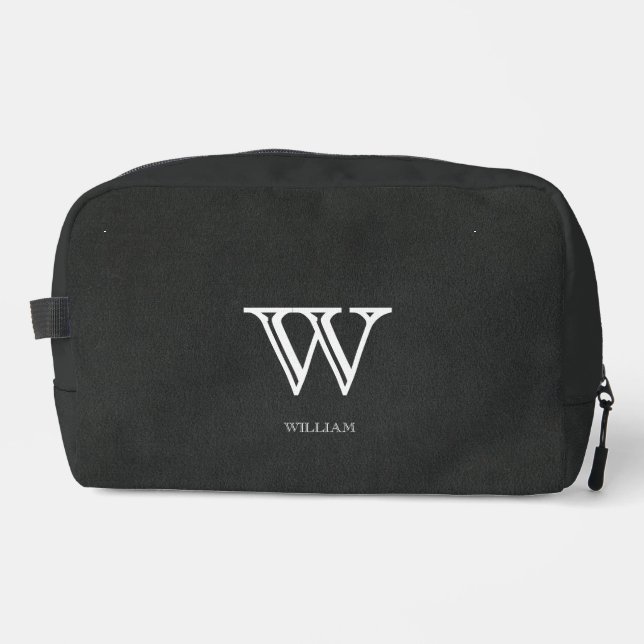 Leather Texture Black Monogram Name Waschbeutel (Vorderseite)