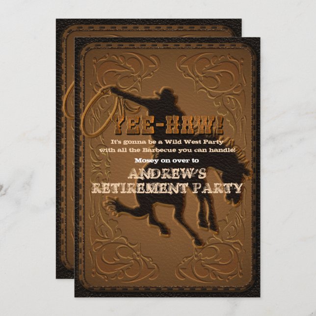 Leather Western Wild West Cowboy Retirement Party Einladung (Vorne/Hinten)