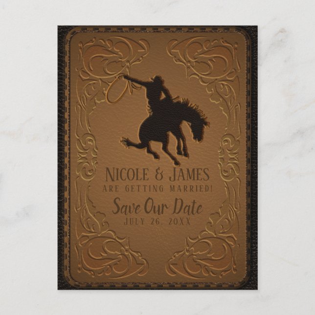 Leather Western Wild West Cowboy Save the Date Ankündigungspostkarte (Vorderseite)