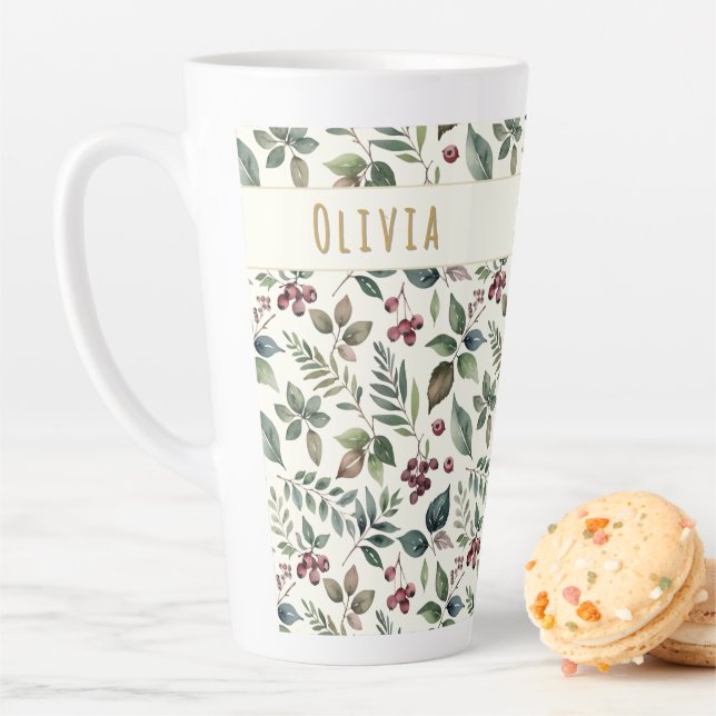 Leaves and Berries Rustic Winter Personalized Milchtasse (Beispiel)