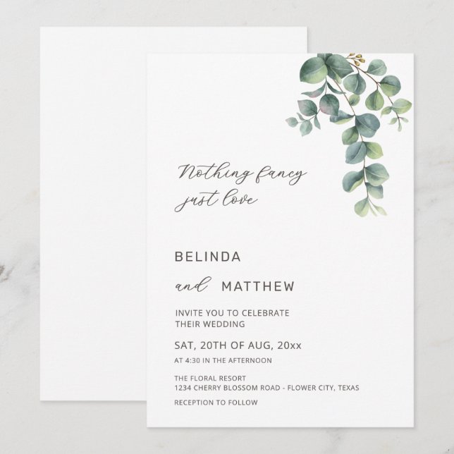 Leaves Greenery Watercolor Flowers Casual Wedding Einladung (Vorne/Hinten)