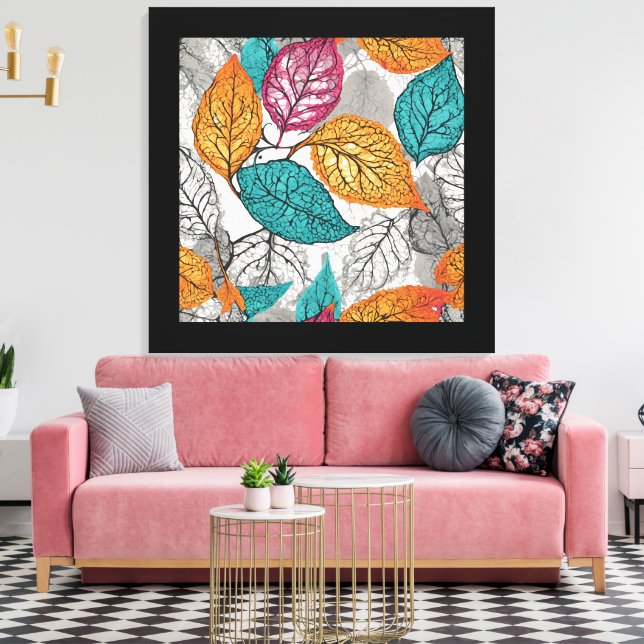 Leaves in Turquoise, Yellow, Pink and Grey  Leinwanddruck (Insitu (Wohnzimmer))