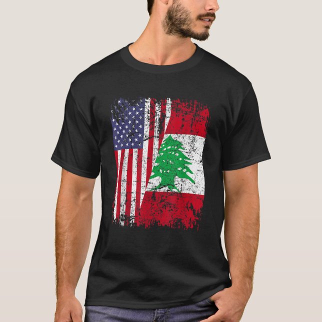 LEBANESE ROOTS Halbe American Flag LEBANON T-Shirt (Vorderseite)