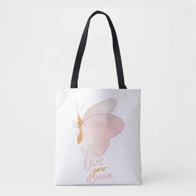 Lebe deinen Traum Pink Butterfly Typografie-Tasche (Vorderseite)