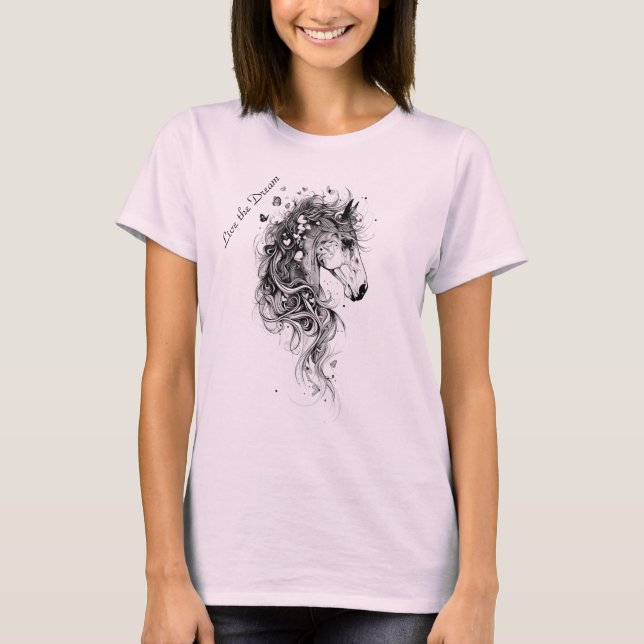 "Lebe den Traum B&W Whimsical Abstrakt Horse T-Shirt (Vorderseite)