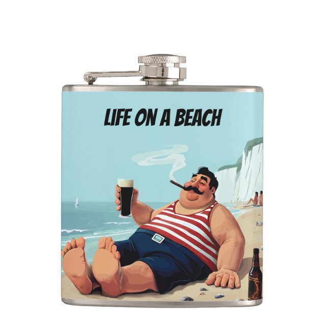 Leben am Strand, Mann rauchen Zigar und trinken Bi Flachmann (Vorderseite)