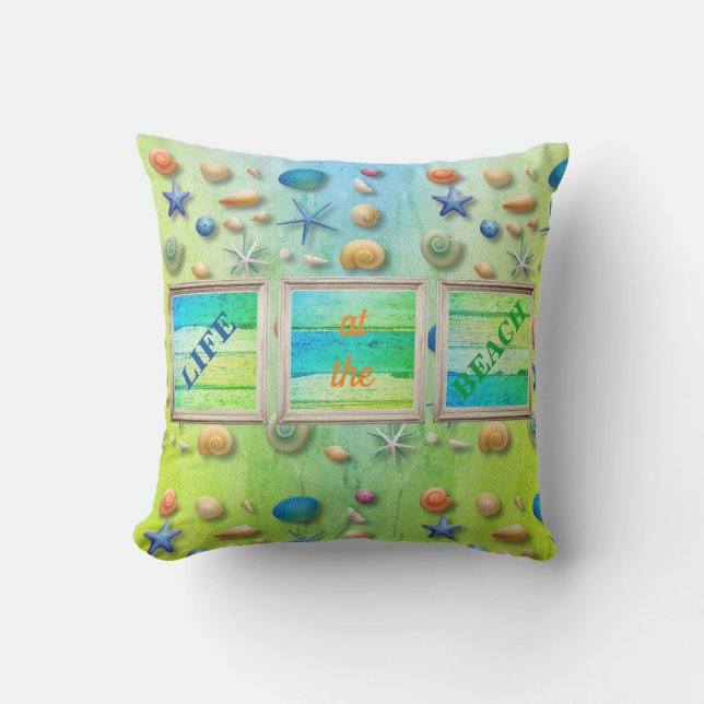 Leben am Strand Sand Seashells Rustikale Rahmen Kissen (Vorderseite)