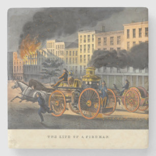 Leben eines Feuerwehrmanns Vintage-Lithographie au Steinuntersetzer