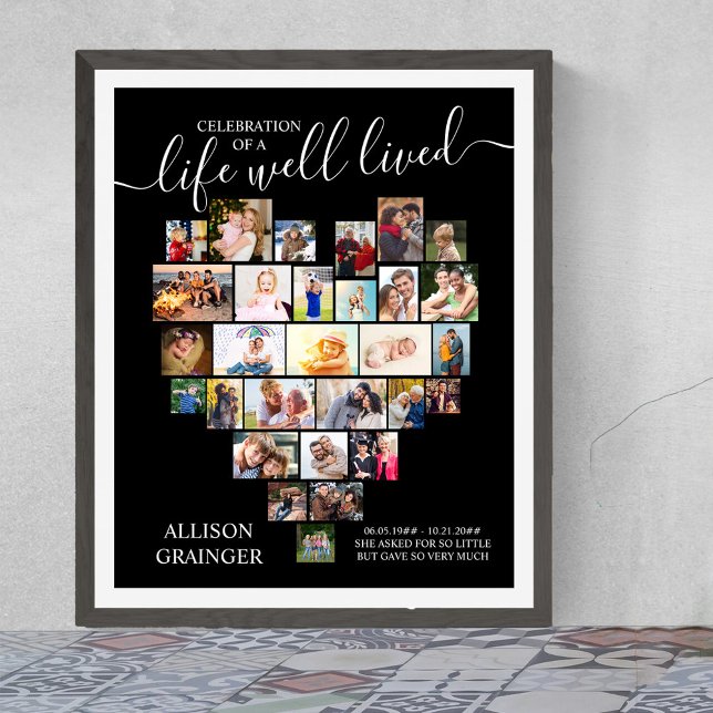 Leben gut gelebtes Herz Foto Custom Beerdigung Poster (Funeral memorial poster to order professionally printed or as a printable digital download)