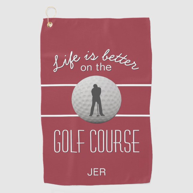 Leben ist besser Golfquote Initialen Crimson Red Golfhandtuch (Vorderseite)