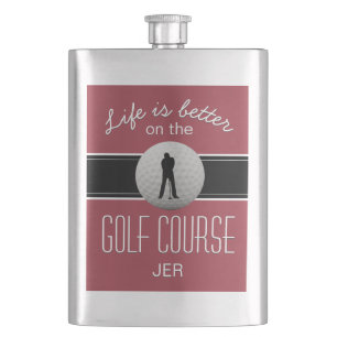 Leben ist besser Zitat Golfen Monogramm Dunkelrot Flachmann