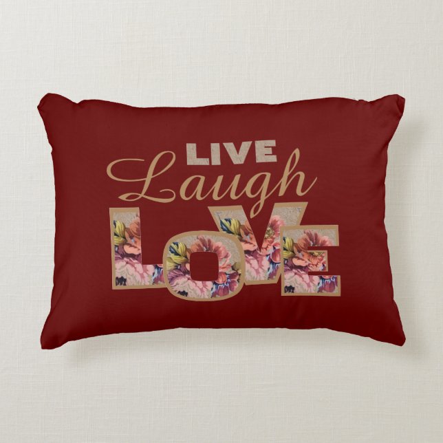 Leben, Lachen, Liebe Rustikale Blüte auf Burgund Dekokissen (Vorderseite)