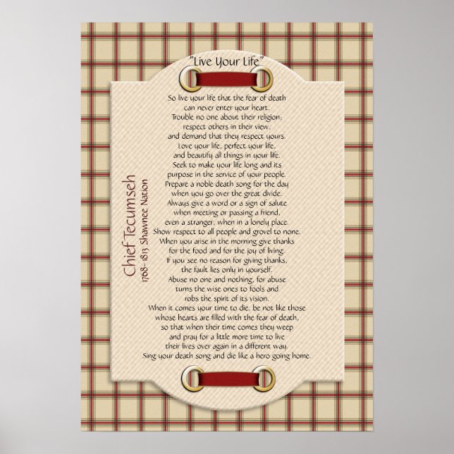 "Leben Sie Ihr Leben" auf kariertem Chef Tecumseh Poster (Vorne)