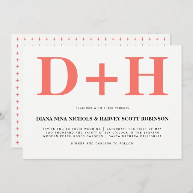 Lebende Koralleninitialen mutige Typografie Hochze Einladung (Vorne/Hinten)