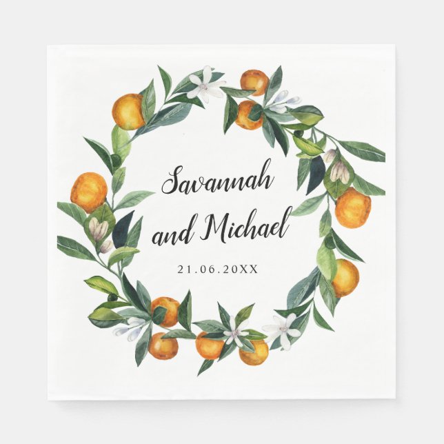 Lebende Mandarine Citrus Blossom Hochzeitmonogramm Serviette (Vorderseite)
