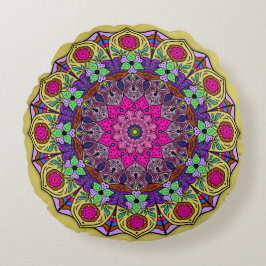 Lebendes Mandala Sunshine Yellow Pink Rundes Kissen