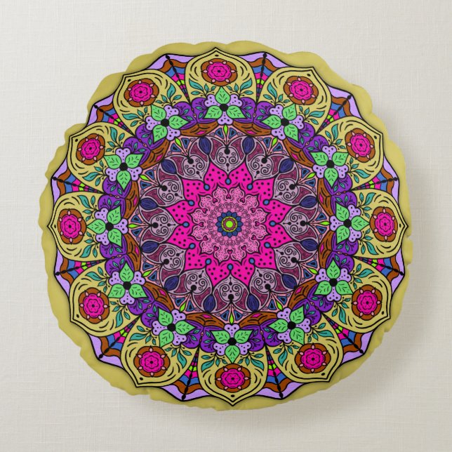 Lebendes Mandala Sunshine Yellow Pink Rundes Kissen (Vorderseite)