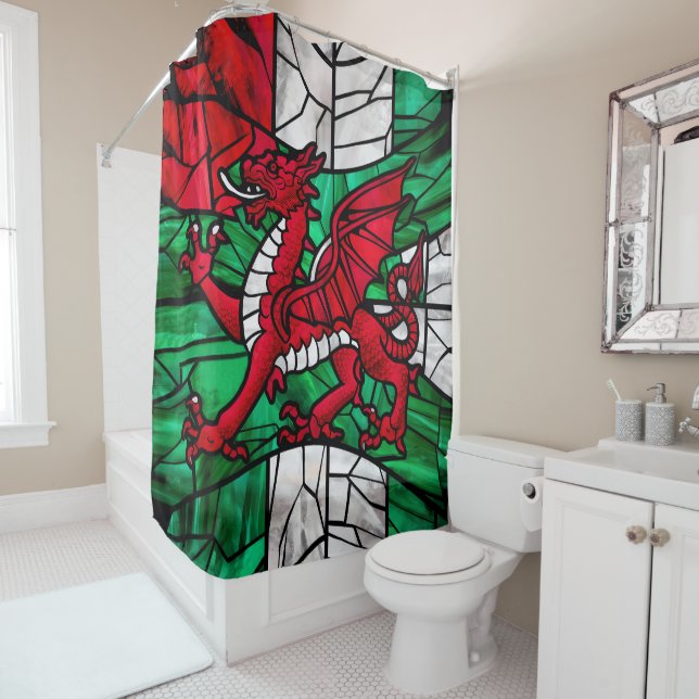 Lebendes Mosaikglas mit walisischer Flagge Duschvorhang (Beispiel)