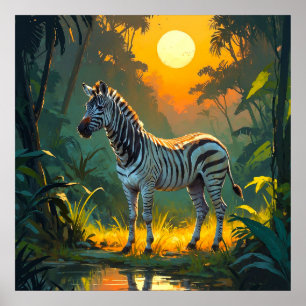Lebendes Zebra im Dschungel mit Sonnenuntergang Poster