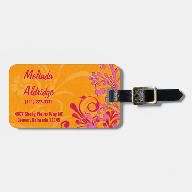 Lebendig rosa Orange Abstrakt floral Personalisier Gepäckanhänger (Vorderseite horizontal)