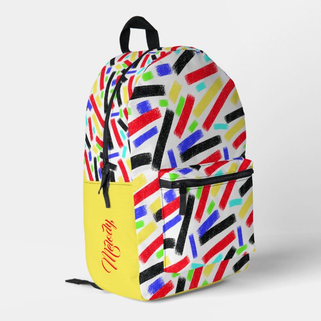 Lebendige Abstrakte Crayon Lines Bold Artistic Bedruckter Rucksack (Rückseitige Ecke links)